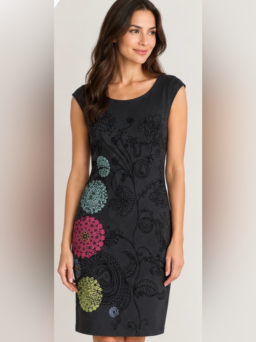 Desigual Navy Dress with Pink, Light Blue and Green Floral Medallions